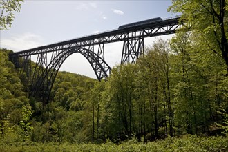 Muengsten Bridge with diesel railcar, highest railway bridge in Germany, Solingen, Bergisches Land,