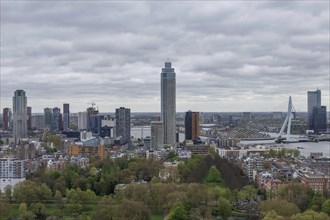 Panorama of a city with tall buildings, a bridge, a river and green parks under a cloudy sky, view