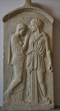 Krito and Timarista, Tomb stele from Kamiros, Ancient bas-relief of two woman talking, Classical