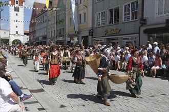 Tradition. Frundsberg Festival in Mindelheim in the Unterallgaeu. Parade through the town, Allgaeu,