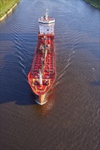 Bird's eye view of the tanker Aleyna Mercan on the Kiel Canal near Beldorf, Rendsburg-Eckernfoerde