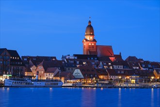Town view of Lake Mueritz with St Mary's Church, Blue Hour, Waren, Mueritz, Mecklenburg Lake