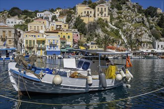 Boats in the harbour of Symi town, Symi island, Dodecanese, Greek islands, Greece, Europe
