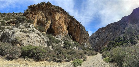 View of hiking trail for trekking in Agiofarago Gorge of the Saints on south coast of Crete island,