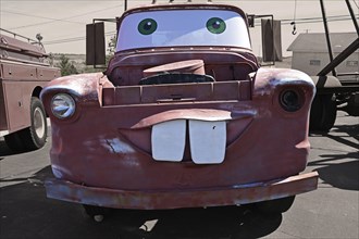 The tow truck Mater, a character from the animated film Cars, is parked on Route 66, Galena Kansas
