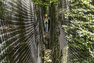 Sporty woman, tourist with camera in treetop path, suspension bridges, ropes, nets, beech forest,