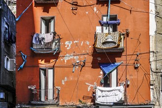 Laundry hanging on balconies of a house in Naples, 02/05/2024, Naples, Italy, Europe