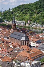 View of Heidelberg with the Heiliggeistkirche from the garden of Heidelberg Castle, Heidelberg,