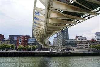 Pedestrian bridge Zubizuri, White Bridge, Bilbao, bottom view of a modern bridge over a river