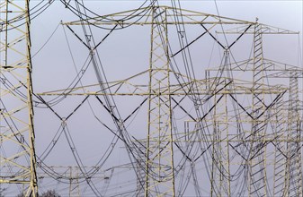 Power lines and pylons on 09 December 2014 in Jaenschwalde, Jaenschwalde, Germany, Europe