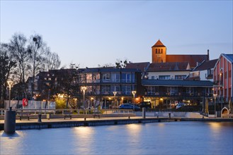 Town view of Lake Mueritz with St Georgen Church, Blue Hour, Waren, Mueritz, Mecklenburg Lake