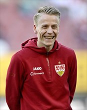 Chris Fuehrich VfB Stuttgart (27) Portrait, Logo, JAKO, laughs, WWK Arena, Augsburg, Bavaria,