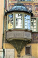 Historic house facade and decorated bay window in the old town of Schaffhausen, Canton of