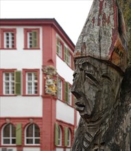 Carved figure of a bishop, Old Town of Heidelberg, Heidelberg, Baden-Wuerttemberg, Germany, Europe