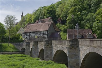 View of the stone bridge and the old town, Jagst weir, river weir, Kirchberg, Jagsttal, Jagst,