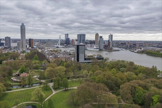 Panoramic view of a city with river, skyscrapers, green parks and cloudy sky, view from above of a