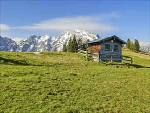 Hoher Goell with hut, Rossfeld panoramic road, Rossfeld, Berchtesgaden, Bavaria, Germany, Europe