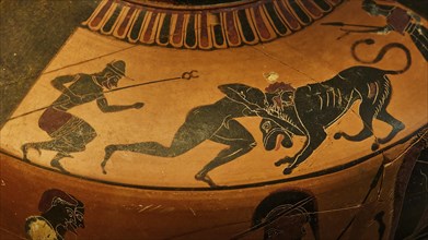 Detail, Ancient Greek vase depicting a warrior fighting a lion, Heracles and the Nemean Lion,