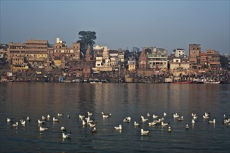 Varanasi cityscape from the Ganges river, India. Varanasi is the main pilgrimage site for hindus