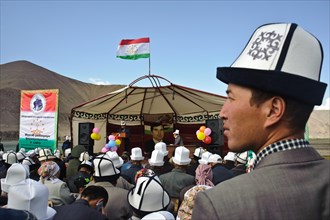 Kyrgyz tribespeople assist a political meeting, Pamir region, Tajikistan, Central Asia, Asia