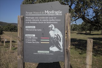 Monfraguee National Park sign, Extremadura, Castilla La Mancha, Spain, Europe