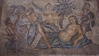 Antique mosaic of a scene with mermaids and sea creatures, Poseidon pursues Polybotes, stone