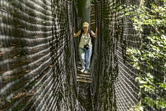 Sporty woman, tourist with camera in treetop path, suspension bridges, ropes, nets, beech forest,