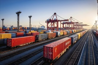Freight train with vibrant inter modal container, AI generated