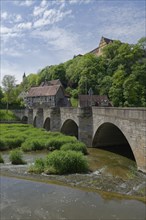 View of the castle and the old town, Jagst weir, river weir, Kirchberg, Jagsttal, Jagst,