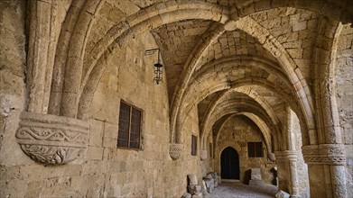 A stone corridor with a vaulted ceiling in a medieval fortress, outdoor area, Archaeological