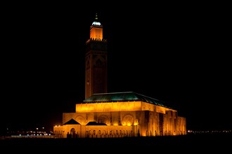 Hassan II mosque illuminated at night, Casablanca, Morocco, Africa