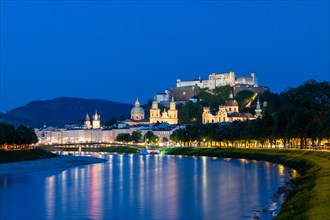 Hohensalzburg Fortress, Salzburg Cathedral, Salzach, Blue Hour, City of Salzburg, Province of