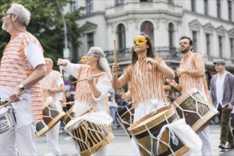 Drummers at the street parade of the 26th Carnival of Cultures in Berlin on 19.05.2024