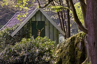 Small garden house with deer antlers in Unterburg, Solingen, Bergisches Land, North