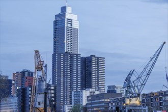 Large modern skyscrapers and construction site cranes dominate the evening view of the city, small
