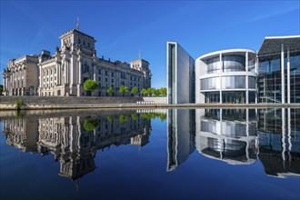 Reichstag, Paul Loebe House reflected in the Spree, Berlin, Germany, Europe