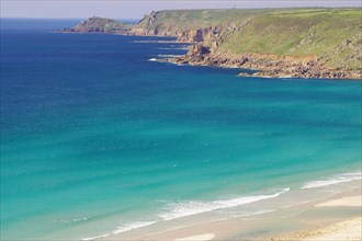 Wide sandy beach, cliffs and green countryside, Sennen Bay, Cornwall, Great Britain