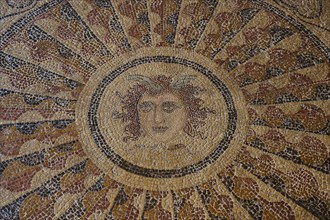 Detailed mosaic of a sun face with a halo, head of Medusa, interior view, Grand Master's Palace,