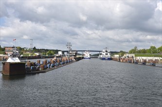 Cargo ships in the Kiel-Holtenau lock, Schleswig-Holstein, Germany, Europe
