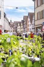 Market scene in a town centre with half-timbered houses and market stalls, full of people and