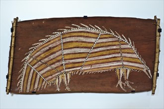 Aboriginal art by Mick Kubarkku, a 20th century artist from Australia, bark painting called