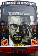 Decorated public transport called matatu, Malcolm X, I have a dream, Nairobi, Kenya, Africa