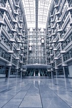 Interior of a modern building with glass facades and symmetrical structures, Berlin, IHK, Germany,