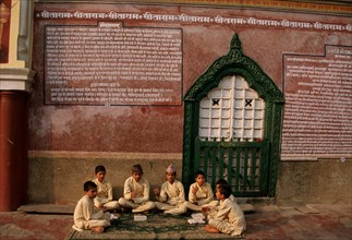 High caste hindu boys learning religious texts in a hindu school, gurukul, Janakpur, Nepal, Asia