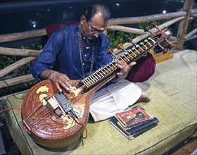 Indian man playing the long-necked lute or Sarasvati vina, Thekkady, Kerala, India, Asia