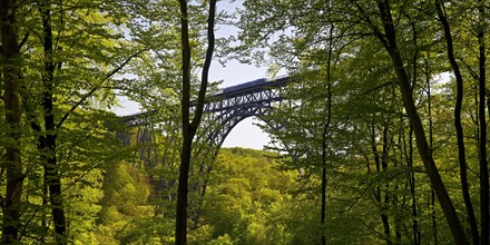 View from the forest to the Muengsten Bridge with railway, the highest railway bridge in Germany