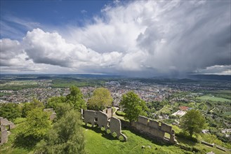 View over the upper Hohentwiel fortress ruins over the town of Singen, on the horizon western Lake