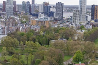 View of a mixture of modern skyscrapers and historic buildings with green areas, view from above of