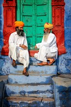 Two Indian traditional men with turban with turban, Jodhpur, Rajasthan, India, Asia
