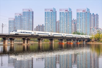 High-speed train of the China Railway CR type CRH5 train from Alstom in Beijing, China, Asia